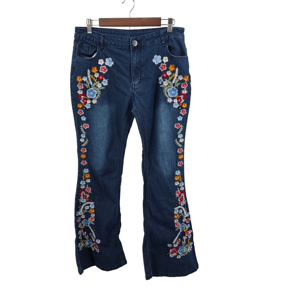 Embroidered‎ Floral Flare Jeans Womens Bootcut Denim Boho Hippie Festival